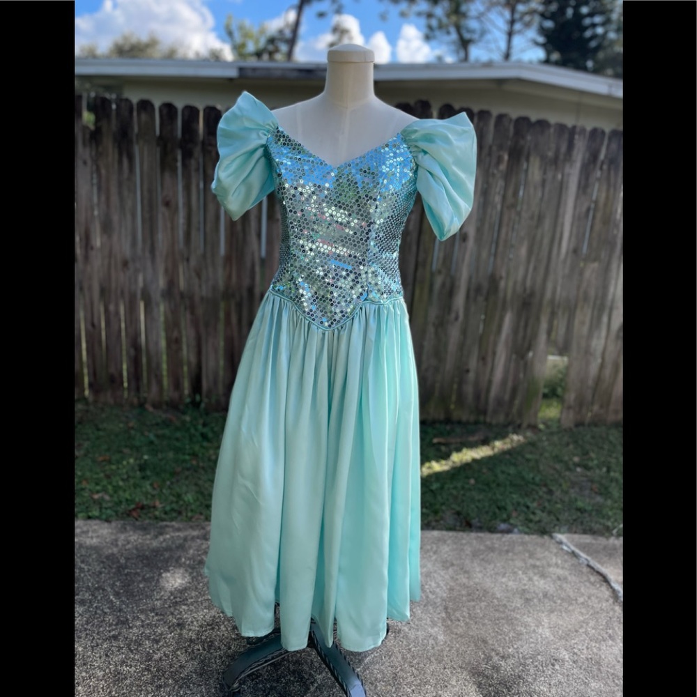 Vintage 80s Princess Blue Sliver Sequin Satin Pageant Long Gown Size 6